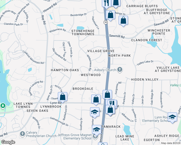 map of restaurants, bars, coffee shops, grocery stores, and more near 7104 Wilderness Road in Raleigh
