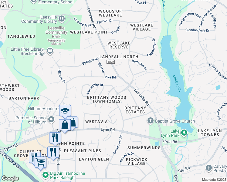 map of restaurants, bars, coffee shops, grocery stores, and more near 4509 Lancashire Drive in Raleigh