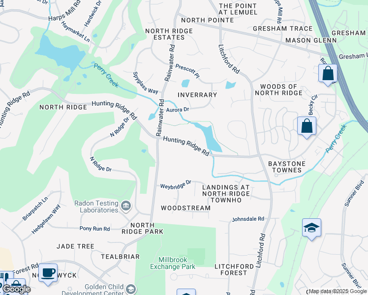 map of restaurants, bars, coffee shops, grocery stores, and more near 1920 Hunting Ridge Road in Raleigh