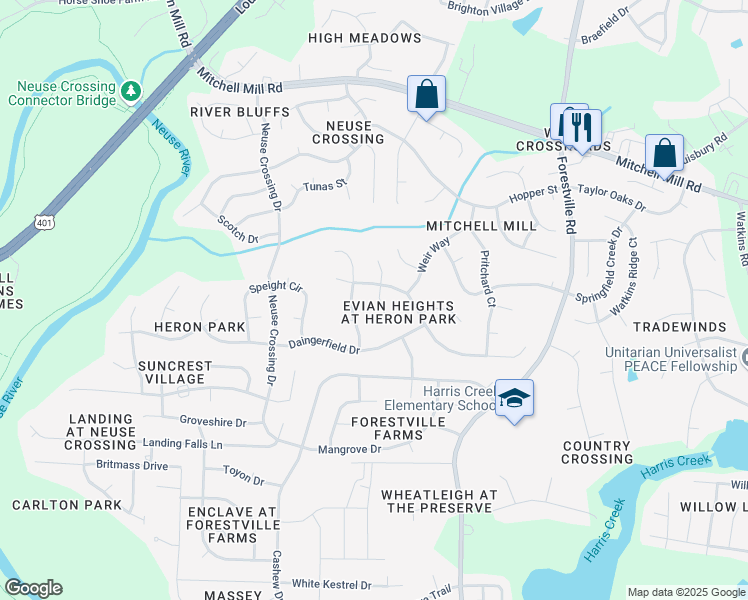 map of restaurants, bars, coffee shops, grocery stores, and more near 3413 Kensett Way in Raleigh