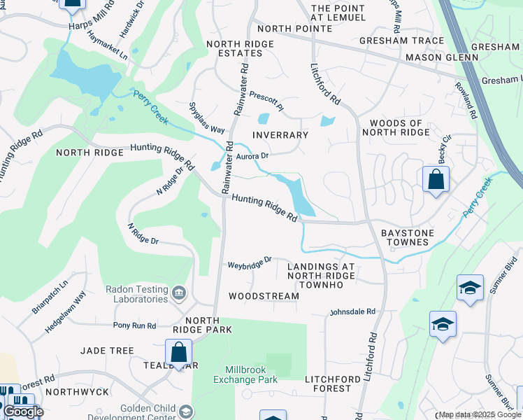 map of restaurants, bars, coffee shops, grocery stores, and more near 1920 Hunting Ridge Road in Raleigh
