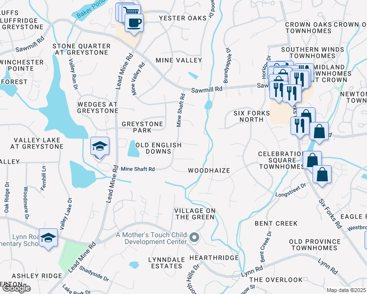 map of restaurants, bars, coffee shops, grocery stores, and more near 1125 Old English Court in Raleigh