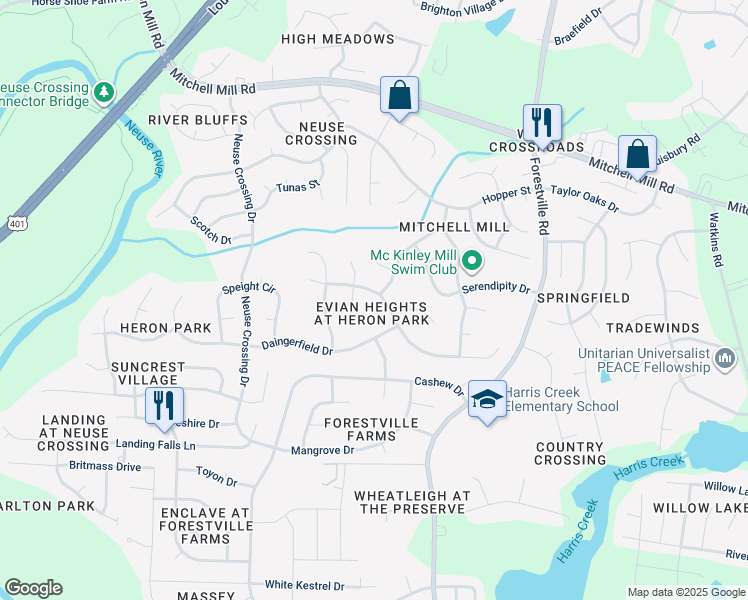map of restaurants, bars, coffee shops, grocery stores, and more near 3508 Dewing Drive in Raleigh