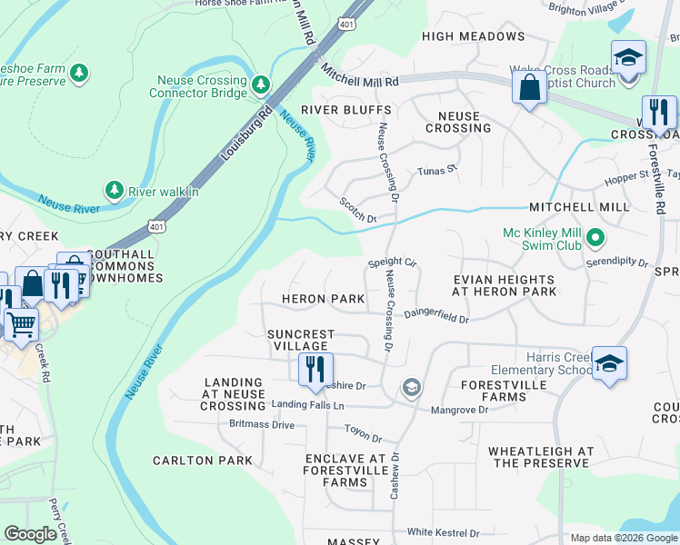 map of restaurants, bars, coffee shops, grocery stores, and more near 3105 Daingerfield Drive in Raleigh