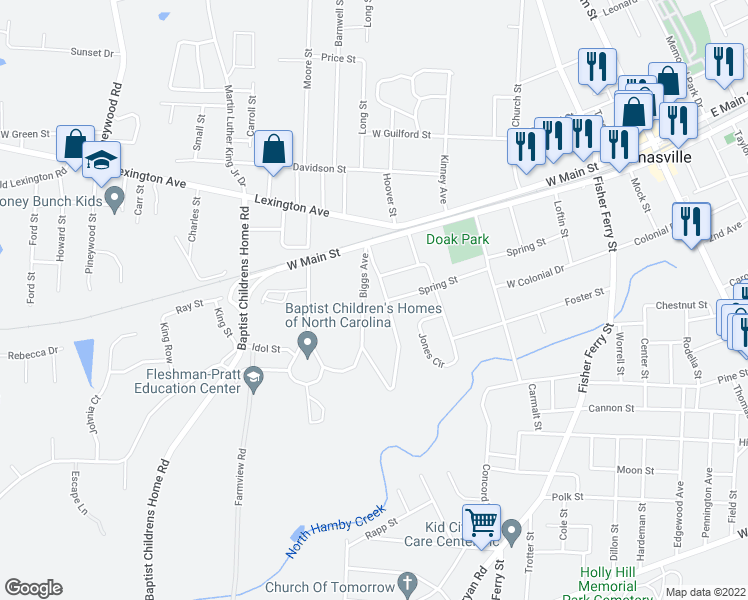 map of restaurants, bars, coffee shops, grocery stores, and more near 411 Biggs Avenue in Thomasville