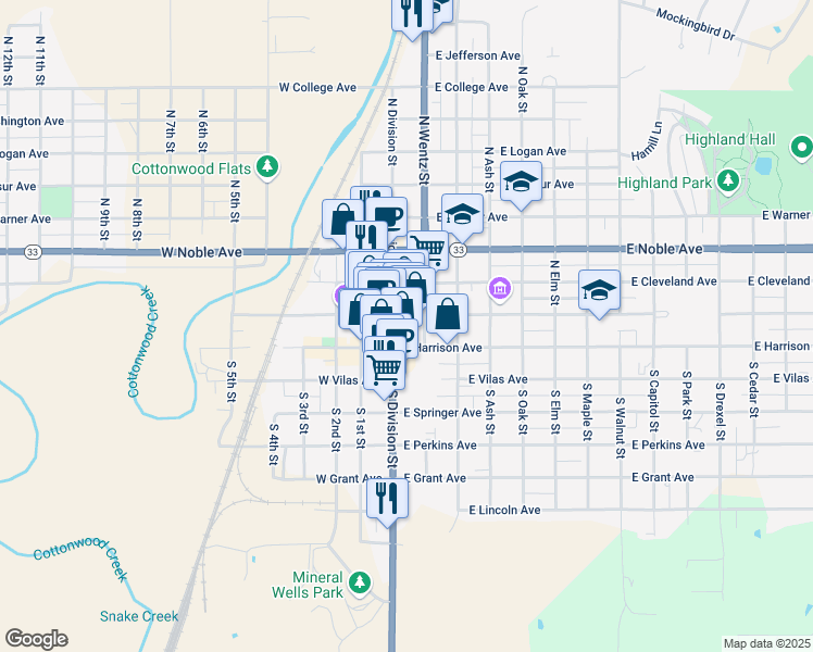 map of restaurants, bars, coffee shops, grocery stores, and more near 122 East Harrison Avenue in Guthrie