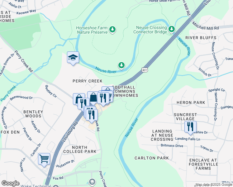 map of restaurants, bars, coffee shops, grocery stores, and more near 7803 River Field Drive in Raleigh