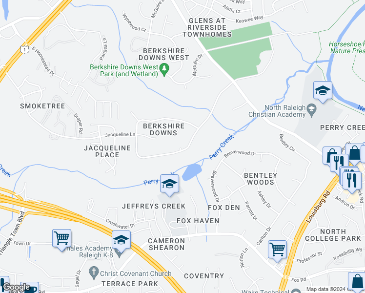 map of restaurants, bars, coffee shops, grocery stores, and more near 7353 Berkshire Downs Drive in Raleigh