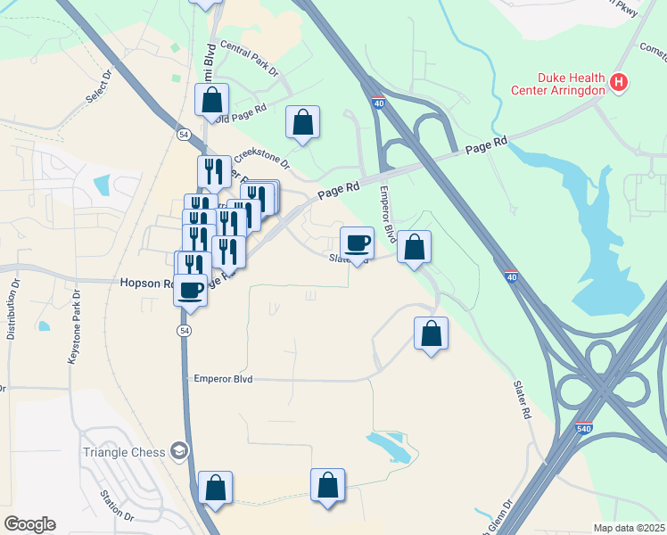 map of restaurants, bars, coffee shops, grocery stores, and more near 1009 Slater Road in Durham