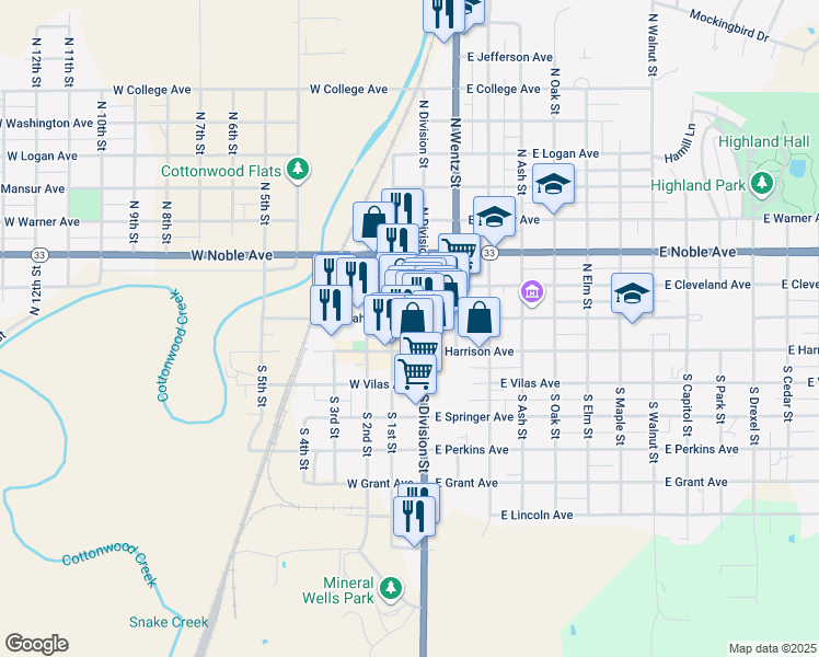 map of restaurants, bars, coffee shops, grocery stores, and more near 124 South 1st Street in Guthrie