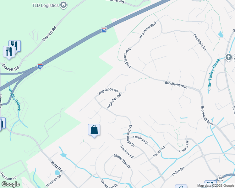 map of restaurants, bars, coffee shops, grocery stores, and more near 12806 Long Ridge Road in Knoxville
