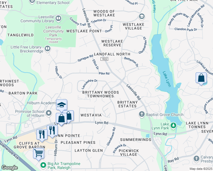 map of restaurants, bars, coffee shops, grocery stores, and more near 4513 Lancashire Drive in Raleigh