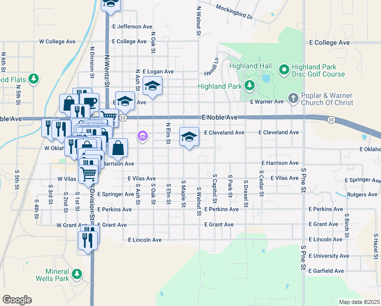 map of restaurants, bars, coffee shops, grocery stores, and more near 705 East Oklahoma Avenue in Guthrie