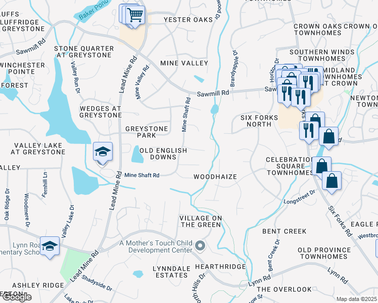 map of restaurants, bars, coffee shops, grocery stores, and more near 1125 Old English Court in Raleigh