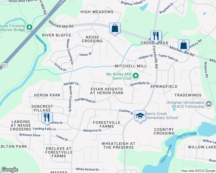 map of restaurants, bars, coffee shops, grocery stores, and more near 3508 Dewing Drive in Raleigh
