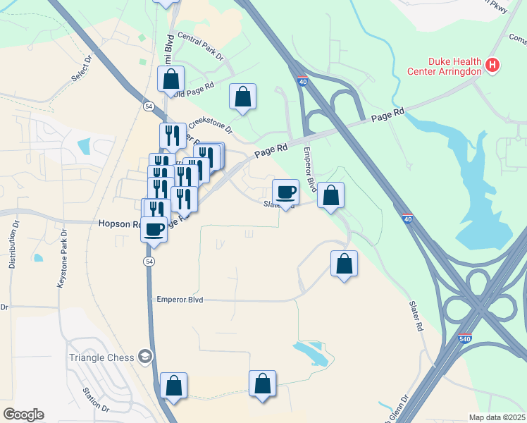map of restaurants, bars, coffee shops, grocery stores, and more near 1009 Slater Road in Durham
