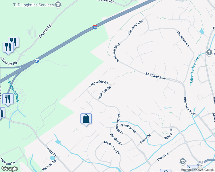 map of restaurants, bars, coffee shops, grocery stores, and more near 12806 Long Ridge Road in Knoxville