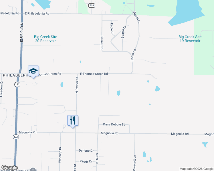 map of restaurants, bars, coffee shops, grocery stores, and more near 2612 Pine Acres Street in Jonesboro