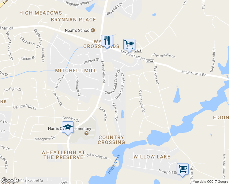 map of restaurants, bars, coffee shops, grocery stores, and more near 4110 Springfield Creek Drive in Raleigh