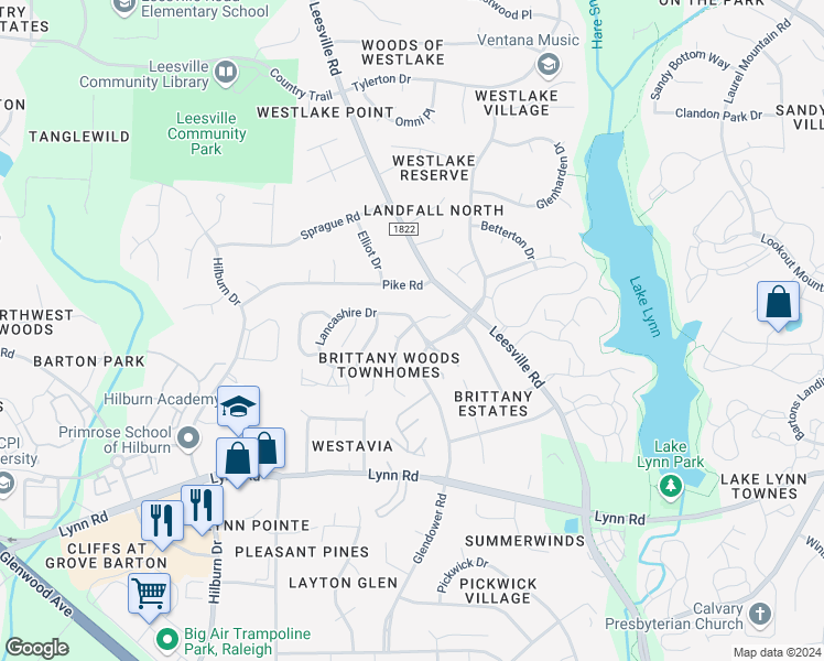 map of restaurants, bars, coffee shops, grocery stores, and more near 4513 Lancashire Drive in Raleigh