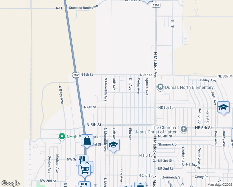 map of restaurants, bars, coffee shops, grocery stores, and more near North 7th Street in Dumas
