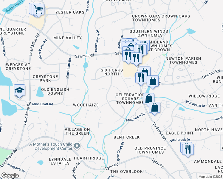 map of restaurants, bars, coffee shops, grocery stores, and more near 7428 Longstreet Drive in Raleigh