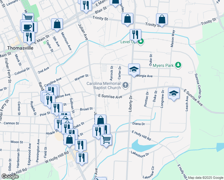 map of restaurants, bars, coffee shops, grocery stores, and more near 409 Aycock Street in Thomasville