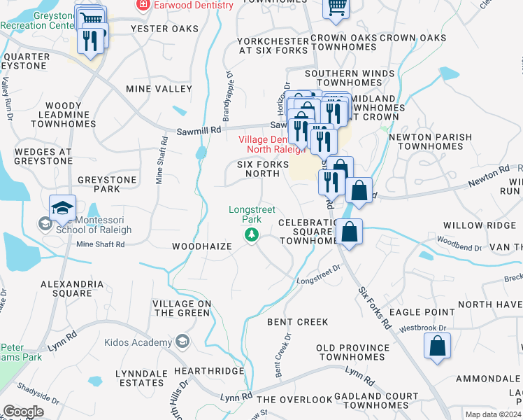 map of restaurants, bars, coffee shops, grocery stores, and more near 7428 Longstreet Drive in Raleigh