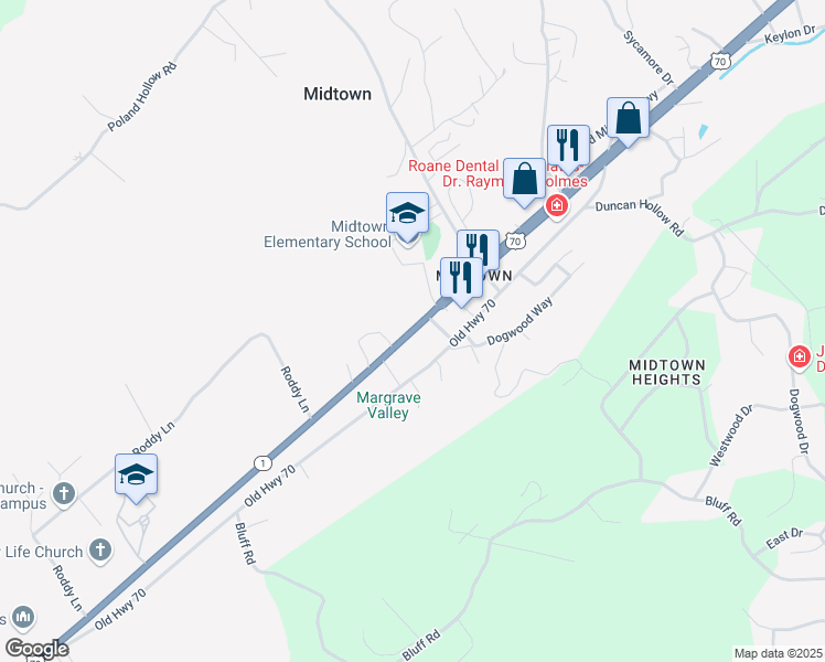 map of restaurants, bars, coffee shops, grocery stores, and more near 2830 Roane State Highway in Harriman