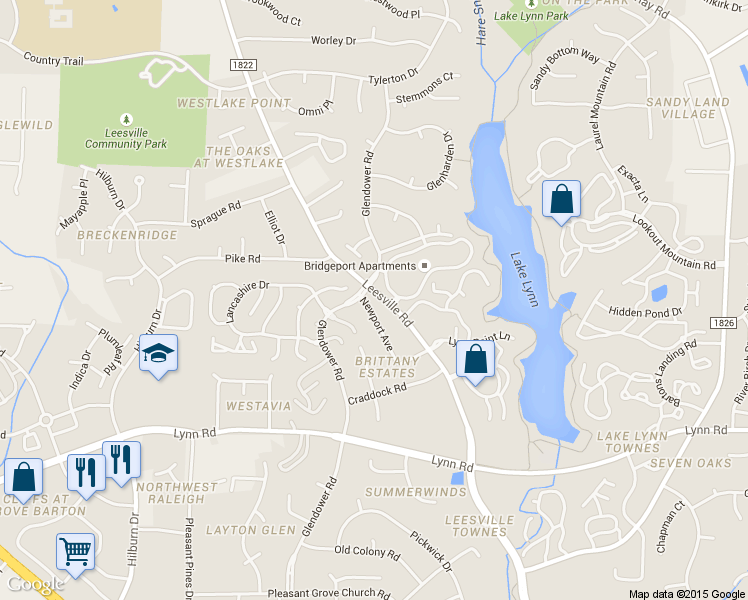 map of restaurants, bars, coffee shops, grocery stores, and more near 7120 Glendower Road in Raleigh