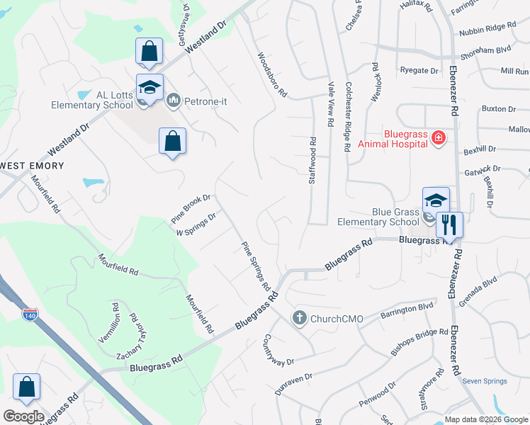 map of restaurants, bars, coffee shops, grocery stores, and more near 1408 Pine Springs Road in Knoxville