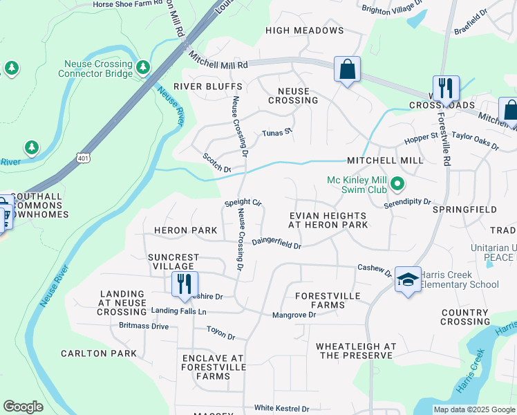 map of restaurants, bars, coffee shops, grocery stores, and more near 6616 Speight Circle in Raleigh