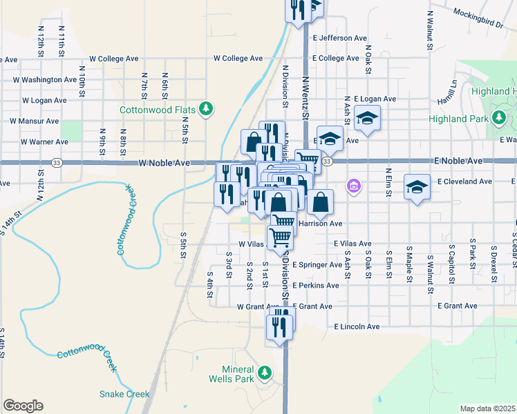 map of restaurants, bars, coffee shops, grocery stores, and more near 124 West Oklahoma Avenue in Guthrie