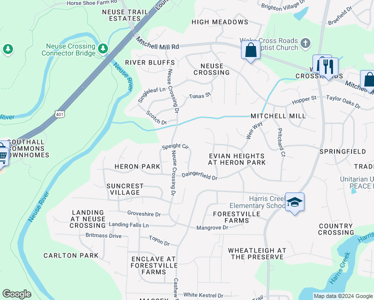 map of restaurants, bars, coffee shops, grocery stores, and more near 6616 Speight Circle in Raleigh