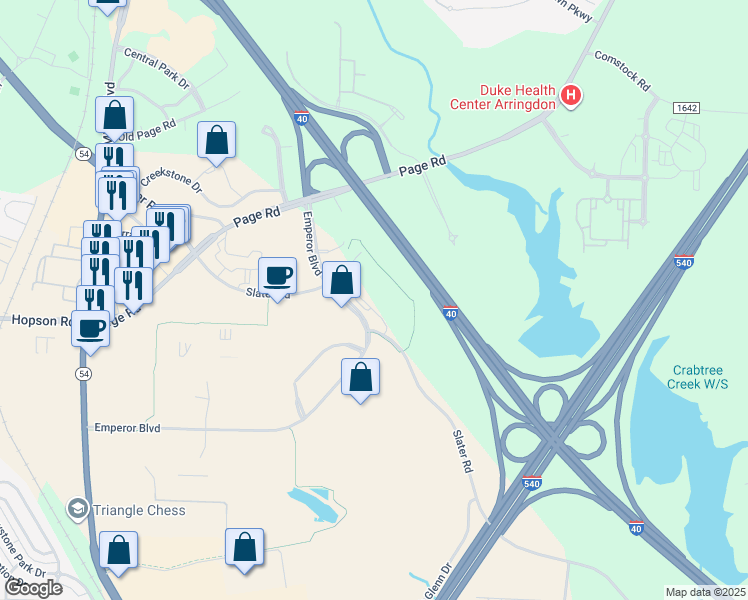 map of restaurants, bars, coffee shops, grocery stores, and more near 4700 Emperor Boulevard in Morrisville