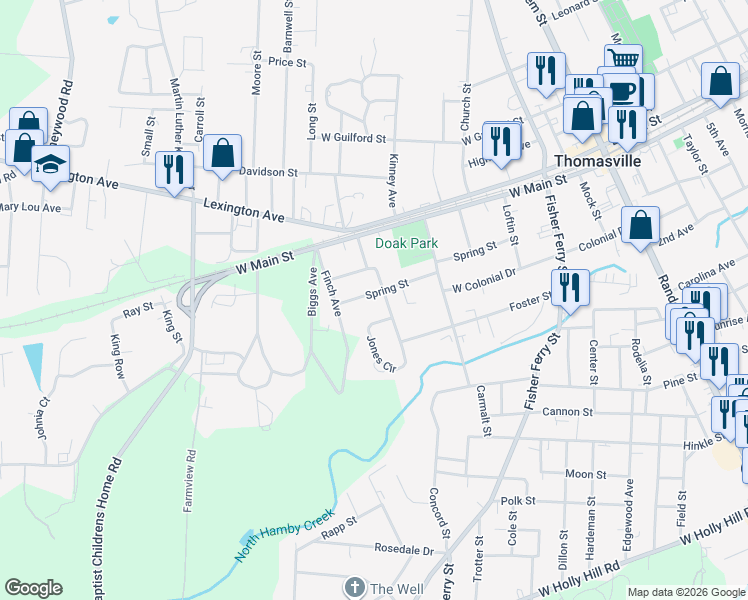 map of restaurants, bars, coffee shops, grocery stores, and more near 318 Spring Street in Thomasville