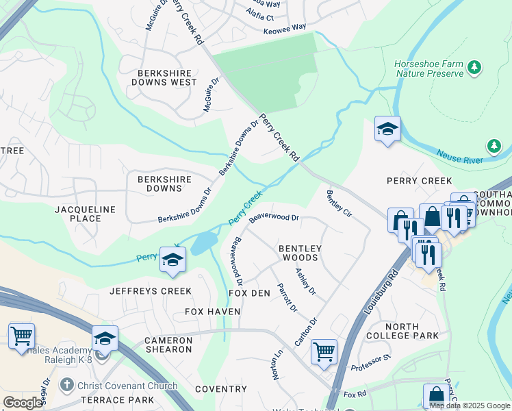 map of restaurants, bars, coffee shops, grocery stores, and more near 7213 Beaverwood Drive in Raleigh