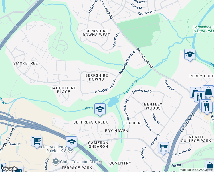 map of restaurants, bars, coffee shops, grocery stores, and more near 7353 Berkshire Downs Drive in Raleigh