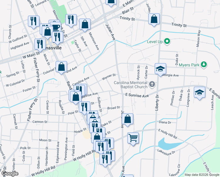 map of restaurants, bars, coffee shops, grocery stores, and more near 315 Woodlawn Street in Thomasville