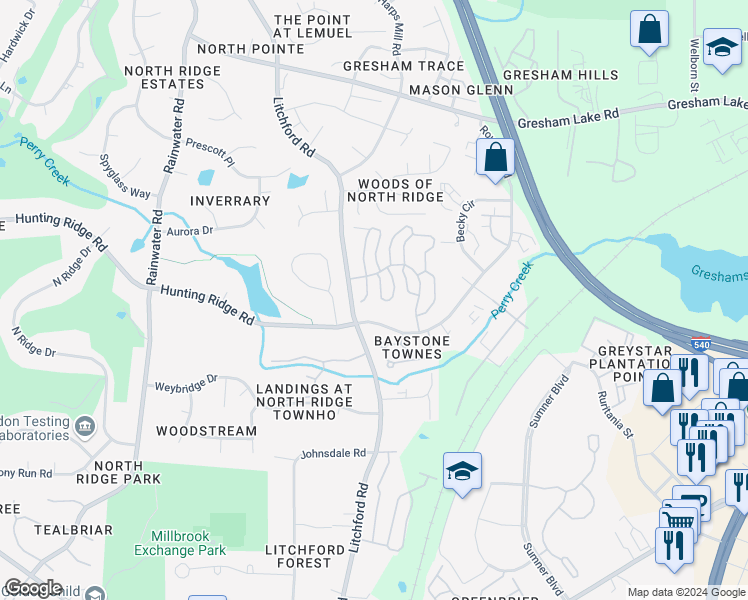map of restaurants, bars, coffee shops, grocery stores, and more near 7100 Claxton Circle in Raleigh