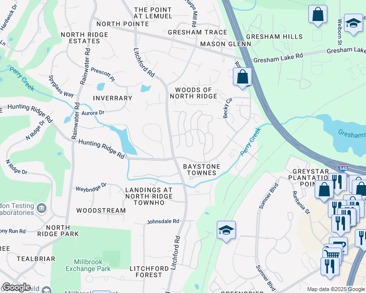 map of restaurants, bars, coffee shops, grocery stores, and more near 7100 Claxton Circle in Raleigh