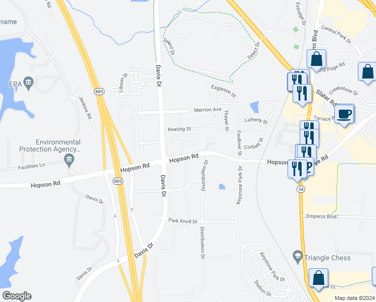 map of restaurants, bars, coffee shops, grocery stores, and more near 4423 State Road 1978 in Morrisville