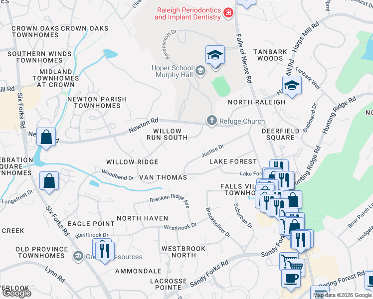 map of restaurants, bars, coffee shops, grocery stores, and more near 7108 Leveret Circle in Raleigh