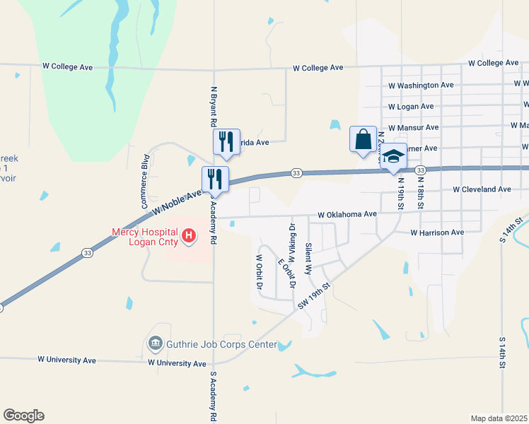 map of restaurants, bars, coffee shops, grocery stores, and more near 116 Noble Heights Circle in Guthrie