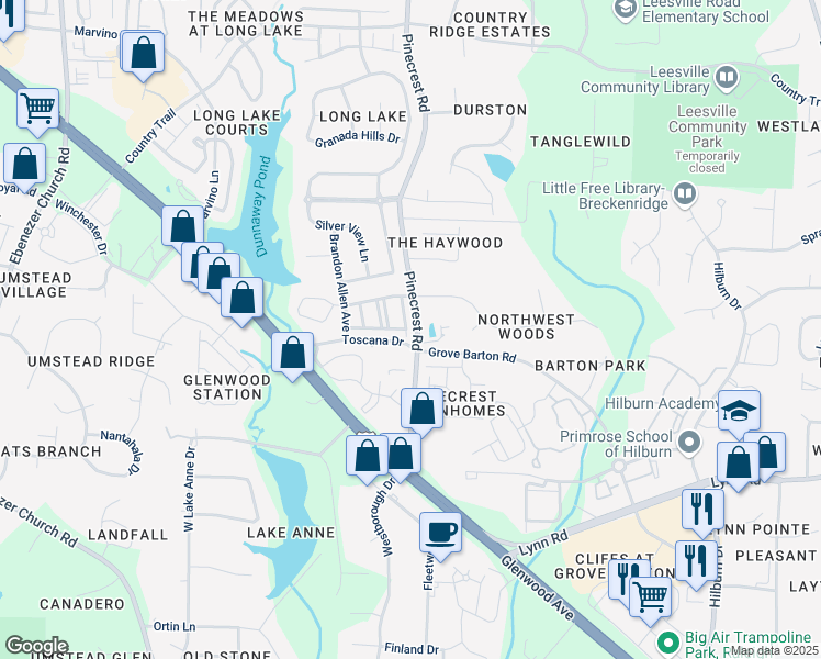 map of restaurants, bars, coffee shops, grocery stores, and more near 7240 Galon Glen Road in Raleigh