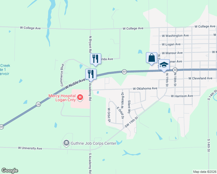map of restaurants, bars, coffee shops, grocery stores, and more near 116 Noble Heights Circle in Guthrie