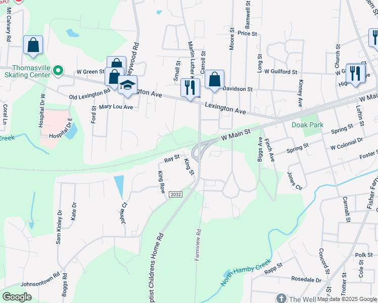 map of restaurants, bars, coffee shops, grocery stores, and more near Ray Street in Thomasville