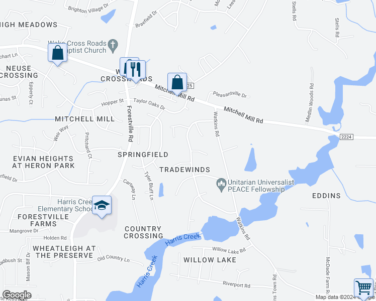 map of restaurants, bars, coffee shops, grocery stores, and more near 3601 Castlegate Drive in Raleigh