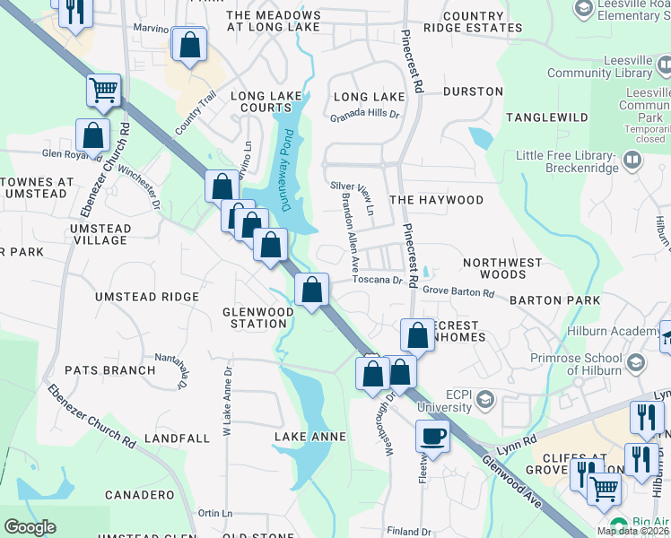 map of restaurants, bars, coffee shops, grocery stores, and more near 5641 Berry Creek Circle in Raleigh