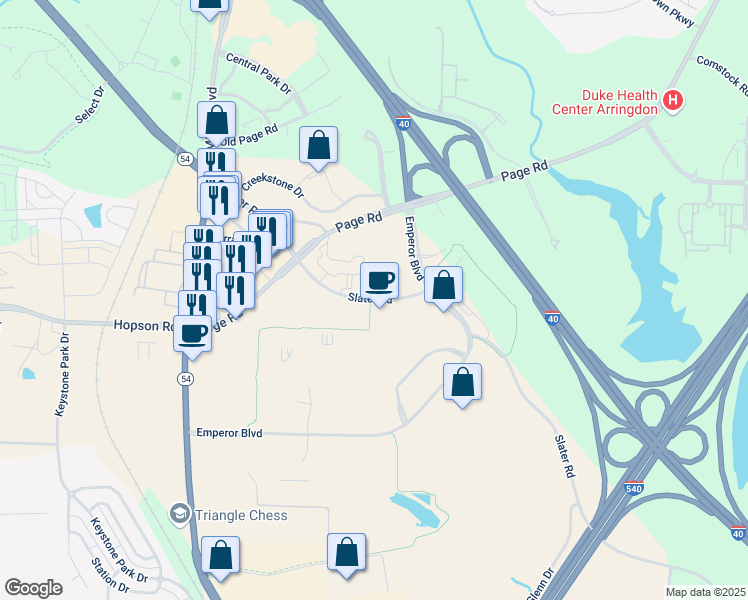 map of restaurants, bars, coffee shops, grocery stores, and more near 1012 Slater Rd in Morrisville